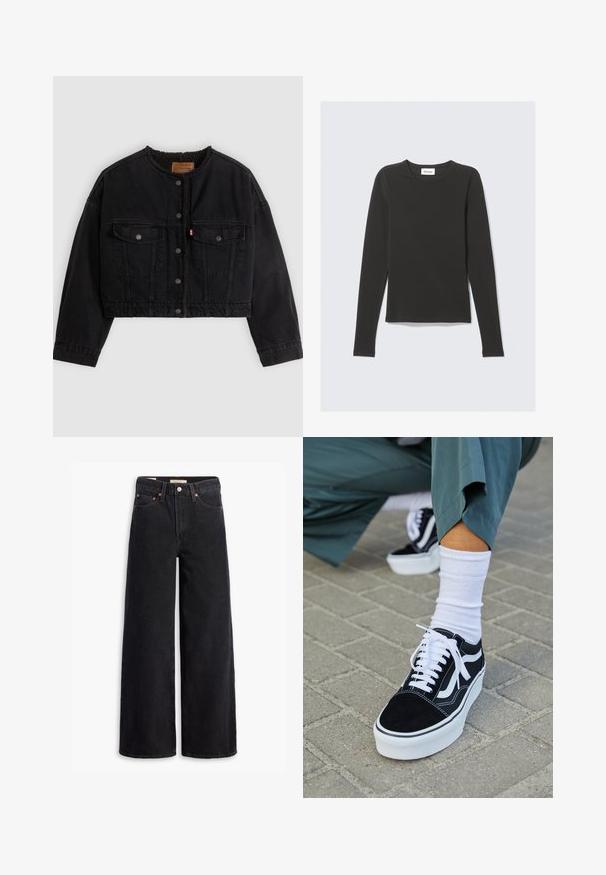 Veste courte en denim noir avec boutons pression à l'avant, deux poches poitrine et une doublure polaire douce visible au col et aux bords avant.; T-shirt noir à manches longues avec col rond et coupe ajustée, posé à plat sur un fond gris clair.; Jean noir à jambe large en denim, comportant cinq poches, des rivets en laiton et une fermeture à bouton classique. Texture lisse avec un design épuré.; Baskets en suède noir avec des accents et des lacets blancs, présentant une épaisse semelle blanche et des coutures contrastantes, associées à une chaussette blanche.