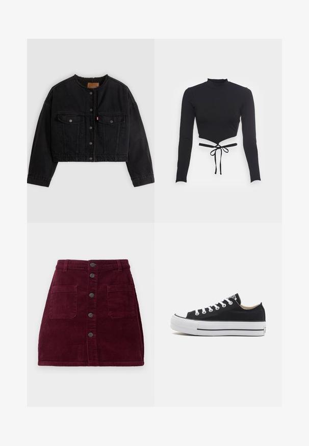 Schwarze kurze Jeansjacke mit vorderen Druckknöpfen, zwei Brusttaschen und weichem Fleecefutter, das am Kragen und an den vorderen Kanten sichtbar ist.; Even&Odd Langarmshirt - black; Burgunderrote Cord-Rock mit hoher Taille, fünf vorderen Knöpfen und zwei vorderen Taschen; strukturierter Stoff mit vertikalen Rippungen.; Schwarze Leinenschuhe mit niedriger Schnittform, weißen Gummispitzen, Schnürsenkeln und Sohle. Mit strukturiertem Sohlenprofil und einem schwarzen Akzentstreifen. Klassisches Design.