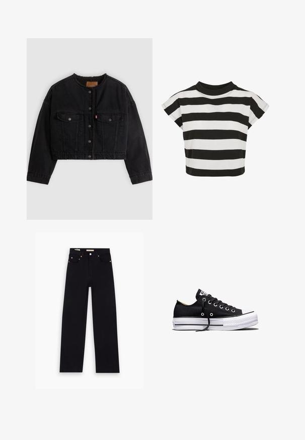 Sort cropped denimjakke med frontknapper, to brystlommer og blødt fleecefor synligt ved kraven og forkanterne.; Sort og hvid stribet crop top med rund halsudskæring og korte, capærmer; lavet af blødt bomuldsstof.; Sorte denim jeans med lige pasform, fem lommer, kobberdetaljer og en glat tekstur. To mærker synlige på taljebåndet.; Sort lavt sneakers i lærred med hvid sål i gummi, sorte snørebånd og metaløjer på hvid baggrund.