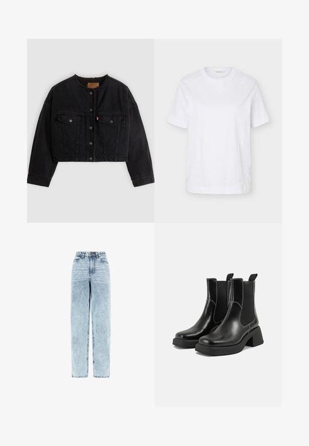 Sort cropped denimjakke med frontknapper, to brystlommer og blødt fleecefor synligt ved kraven og forkanterne.; Hvid T-shirt med korte ærmer og rund hals med subtilt syet bølgemønster og et lille beige mærke inde i kraven.; Høj talje, lyseblå falmet denimjeans med lige ben, knaplukning foran, lynlås og forlommer.; Sorte læder Chelsea-støvler med en kraftig hæl, elastiske sidepaneler og kontrastfarvet hvid syning. Tekstureret overflade.