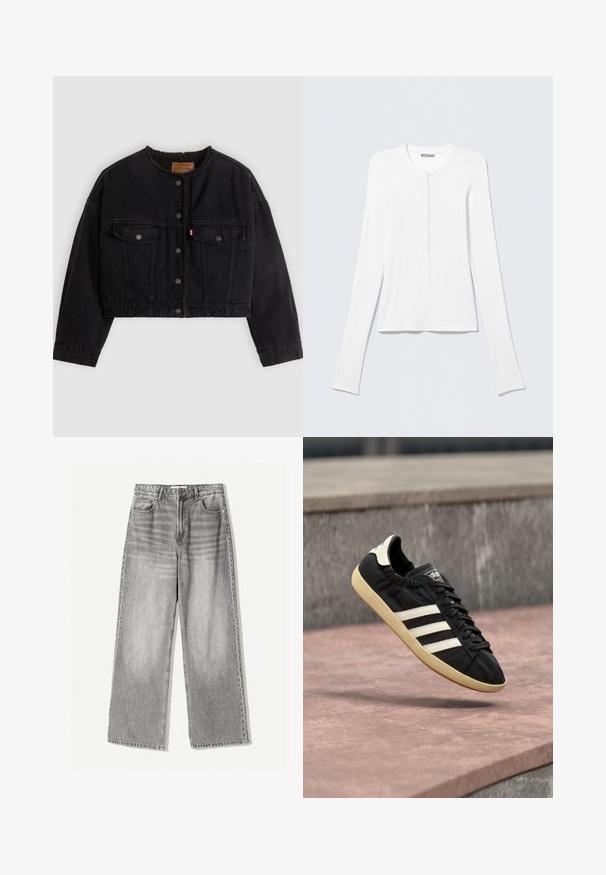 Sort cropped denimjakke med frontknapper, to brystlommer og blødt fleecefor synligt ved kraven og forkanterne.; Hvid Henley trøje med lange ærmer, rund halsudskæring og en vertikal række små knapper ned foran i midten.; VIDEAJEANS i falmet sort denim med høj talje, der har fem lomme design og kontrasterende syning for tekstur.; Sort Adidas sneaker med hvide striber og beige sål, fanget i luften over en stenet overflade og baggrund af en stenmur.
