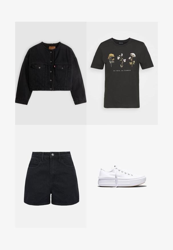 Sort cropped denimjakke med frontknapper, to brystlommer og blødt fleecefor synligt ved kraven og forkanterne.; Sort bomulds T-shirt med et blomsterdesign i gult og hvidt, med teksten "uden regn, ingen blomster" centreret under designet.; Sorte denimshorts med høj talje, frontknap, bæltestropper og to forlommer på en ensfarvet hvid baggrund.; Hvid lavt snørestøvle med tyk plateau-sål, snørelukning foran og gummiforstærket tåkap, set i sideprofil.