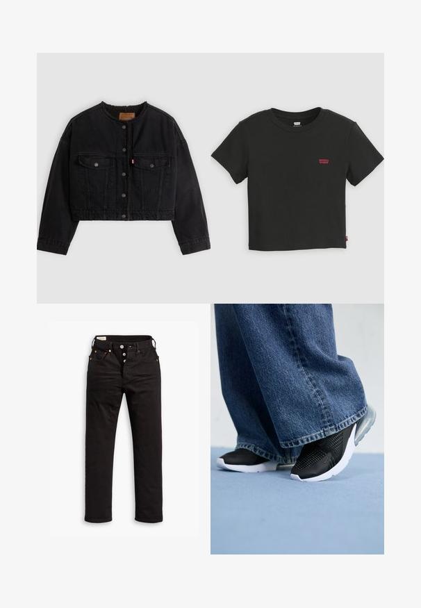 Sort cropped denimjakke med frontknapper, to brystlommer og blødt fleecefor synligt ved kraven og forkanterne.; Sort Levi's cropped t-shirt med korte ærmer, rund halsudskæring og lille rødt Levi's-logo på venstre bryst.; Sorte lige jeans med knaplukning, front- og baglommer samt kobbernitte detaljer på en hvid baggrund.; Sorte atletiske sko med mesh-detaljer, hvid sål og synlig luftpolstring, parret med blå denim bukser med vide ben.