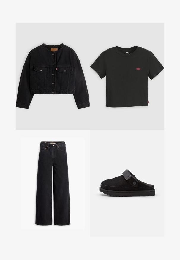 Zwarte korte spijkerjas met drukknoopsluiting aan de voorkant, twee borstzakken en een zachte fleece voering zichtbaar bij de kraag en voorranden.; Zwart Levi's cropped T-shirt met korte mouwen, ronde hals en klein rood Levi's-logo op de linkerborst.; Zwarte brede jeans gemaakt van denim, met vijf zakken, koperen klinknagels en een klassieke knoopsluiting. Glad van textuur met een strakke uitstraling.; Zwarte suède instap klompen met een ronde neuzen, zachte textuur, verstelbare band en een dikke rubberen zool met een patroonprofiel voor grip.