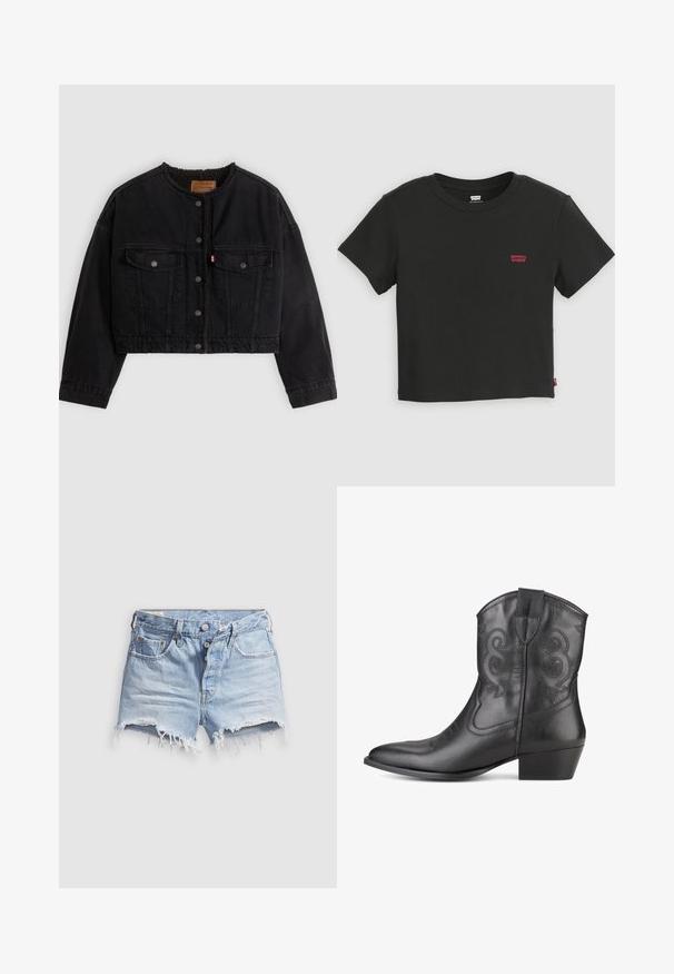 Chaqueta corta de mezclilla negra con botones a presión en la parte frontal, dos bolsillos en el pecho y forro suave de forro polar visible en el cuello y los bordes delanteros.; Camiseta negra corta Levi's de manga corta con escote redondo y pequeño logo rojo de Levi's en el pecho izquierdo.; Pantalones cortos de mezclilla azul claro con dobladillos deshilachados, cinco bolsillos y cierre de botones. La textura es suave con un aspecto ligeramente desgastado.; Bota de vaquero de cuero negro con punta afilada, costuras decorativas en el tubo y tacón apilado. Textura suave y sin herrajes visibles.