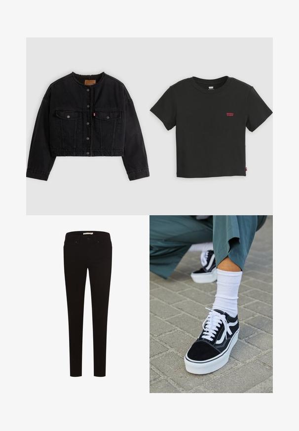 Zwarte korte spijkerjas met drukknoopsluiting aan de voorkant, twee borstzakken en een zachte fleece voering zichtbaar bij de kraag en voorranden.; Zwart Levi's cropped T-shirt met korte mouwen, ronde hals en klein rood Levi's-logo op de linkerborst.; Zwarte skinny jeans van rekbaar materiaal, met een klassieke vijf-pocketontwerp, knoopsluiting en riemlussen. Gladde structuur overal.; Zwarte suède sneaker met witte accenten en veters, uitgerust met een dikke witte zool en contrasterende stiksels, gecombineerd met een witte sok.