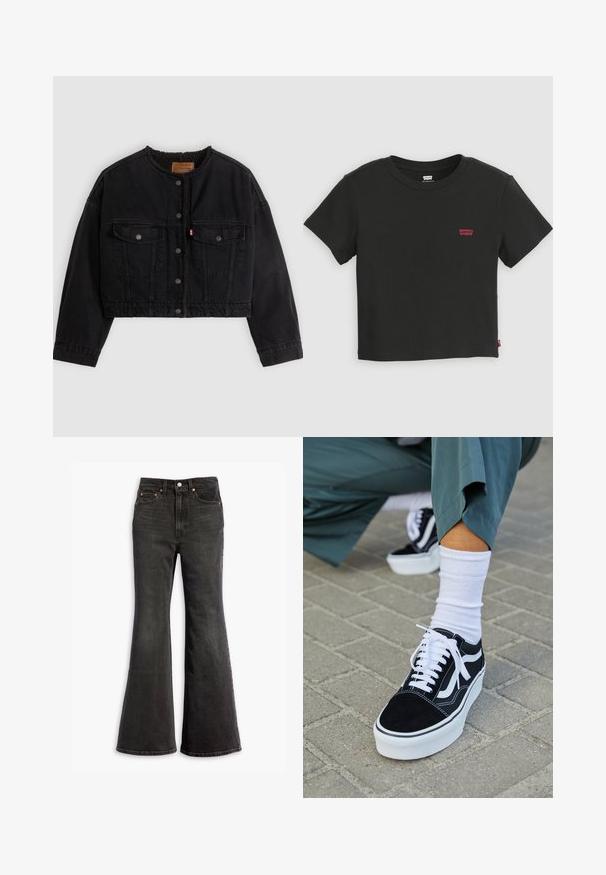 Schwarze kurze Jeansjacke mit vorderen Druckknöpfen, zwei Brusttaschen und weichem Fleecefutter, das am Kragen und an den vorderen Kanten sichtbar ist.; Schwarzes, kurzärmeliges, kurzes Levi's T-Shirt mit Rundhalsausschnitt und kleinem rotem Levi's-Logo auf der linken Brust.; Schwarze High-Waist-Jeans aus Denim mit weitem Bein, Fünf-Taschen-Design und Kupfennieten.; Schwarze Wildledersneaker mit weißen Akzenten und Schnürsenkeln, ausgestattet mit einer dicken weißen Sohle und kontrastierenden Nähten, kombiniert mit einer weißen Socke.