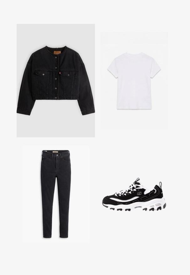Sort cropped denimjakke med frontknapper, to brystlommer og blødt fleecefor synligt ved kraven og forkanterne.; Hvid kortærmet t-shirt i bomuld med rund hals, lagt fladt på en hvid baggrund.; Sorte denimjeans med høj talje, slank pasform og minimale syninger. Stofmet viser en let tekstur med en glat finish.; Sort og hvid atletisk sko med overdel i ruskind, polstret krave og let sål. Har fremtrædende logo og kontrasterende syninger.