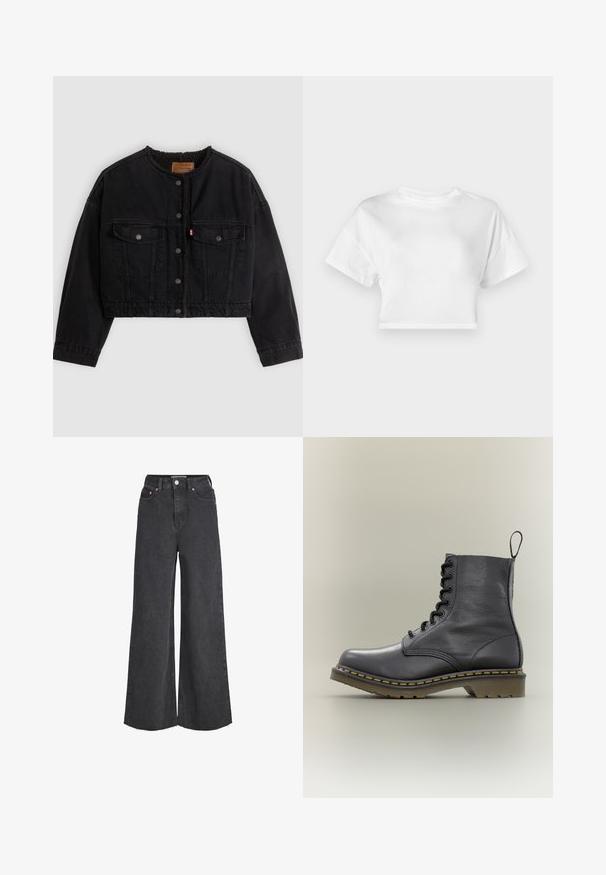 Sort cropped denimjakke med frontknapper, to brystlommer og blødt fleecefor synligt ved kraven og forkanterne.; Hvid cropped t-shirt lavet af bomuld. Korte ærmer, rund halsudskæring, glat tekstur, afslappet design uden mønstre eller pynt.; Sorte jeans med høj talje og vide ben, lukkes foran med knap og lynlås, forlommer og frynset kant.; Sort læderkampstøvle med 8 snørehuller, gummisål, gul syning og en træksløjfe bagpå. Har en struktureret overdel.