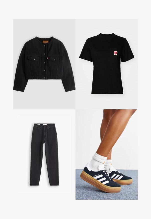 Schwarze kurze Jeansjacke mit vorderen Druckknöpfen, zwei Brusttaschen und weichem Fleecefutter, das am Kragen und an den vorderen Kanten sichtbar ist.; Schwarzes Baumwoll-T-Shirt mit Rundhalsausschnitt und kurzen Ärmeln. Verfügt über eine Brusttasche mit einem roten Herz-Logo und weißem Text.; Schwarze Denim-Jeans mit geradem Bein, ausgestattet mit fünf Taschen, vorderer Knopfleiste und genähten Details entlang der Nähte.; Beine mit weißen Socken und schwarzen Adidas Gazelle Sneakers mit weißen Streifen und dicken braunen Sohlen auf einem grauen Teppichboden.