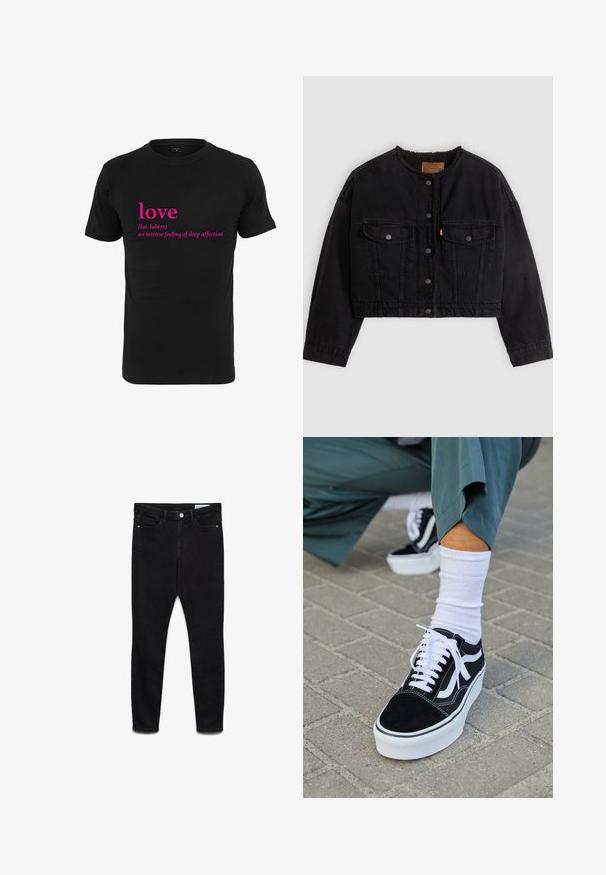 Zwarte korte spijkerjas met drukknoopsluiting aan de voorkant, twee borstzakken en een zachte fleece voering zichtbaar bij de kraag en voorranden.; Zwarte katoen t-shirt met roze tekst die "liefde" zegt en de Latijnse definitie, gecentreerd op de voorkant. Korte mouwen en ronde hals ontwerp.; Zwarte high-waist skinny jeans met knoop en ritssluiting aan de voorkant, twee voorzakken en twee achterzakken, plat uitgespreid op een witte achtergrond.; Zwarte suède sneaker met witte accenten en veters, uitgerust met een dikke witte zool en contrasterende stiksels, gecombineerd met een witte sok.