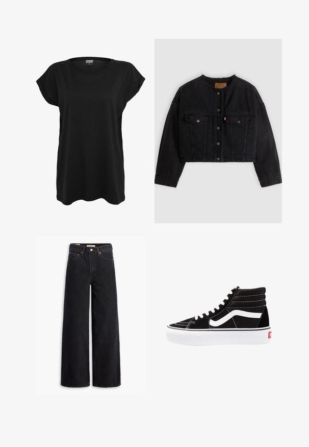 Veste courte en denim noir avec boutons pression à l'avant, deux poches poitrine et une doublure polaire douce visible au col et aux bords avant.; T-shirt en coton noir avec des manches courtes, un col rond et une coupe décontractée. Présente une étiquette sur le col. Texture lisse et design simple.; Jean noir à jambe large en denim, comportant cinq poches, des rivets en laiton et une fermeture à bouton classique. Texture lisse avec un design épuré.; Baskets montantes noires avec des lacets blancs, un logo blanc et des coutures blanches contrastées. Dotées d'une épaisse semelle blanche et d'un dessus en daim texturé.