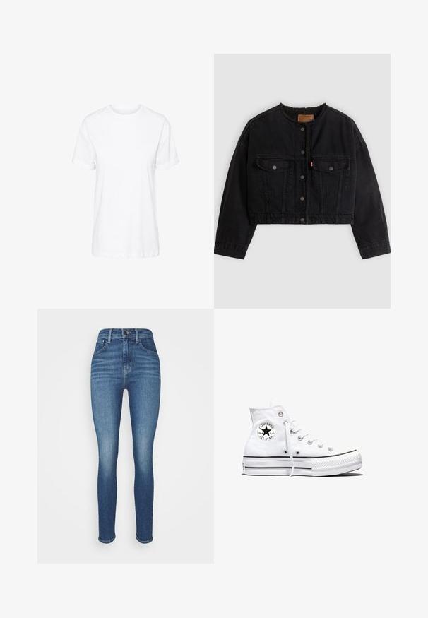 Schwarze kurze Jeansjacke mit vorderen Druckknöpfen, zwei Brusttaschen und weichem Fleecefutter, das am Kragen und an den vorderen Kanten sichtbar ist.; Weißes Baumwoll-T-Shirt mit kurzen Ärmeln, Rundhalsausschnitt und legerem Schnitt, mit glatter Textur und ohne sichtbare Muster.; Hochgeschnittene blaue Skinny-Jeans mit vorderem Knopf und Reißverschluss, Gürtelschlaufen und verblassten Details an Oberschenkeln und Knien.; Weißer Converse Chuck Taylor All Star High-Top-Sneaker mit schwarzem Logo-Patch und weißen Schnürsenkeln, dargestellt auf weißem Hintergrund.