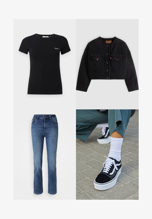 Sort cropped denimjakke med frontknapper, to brystlommer og blødt fleecefor synligt ved kraven og forkanterne.; Sort tætsiddende T-shirt med korte ærmer, rund hals og lille hvidt "Pepe Jeans" logo på venstre bryst.; Lyseblå denimjeans med lige ben, fem lommer og høj talje. Har guldfarvet hardware og en glat tekstur.; Sorte ruskinds sneakers med hvide accenter og snørebånd, der har en tyk hvid sål og kontrasterende syninger, parret med en hvid sok.