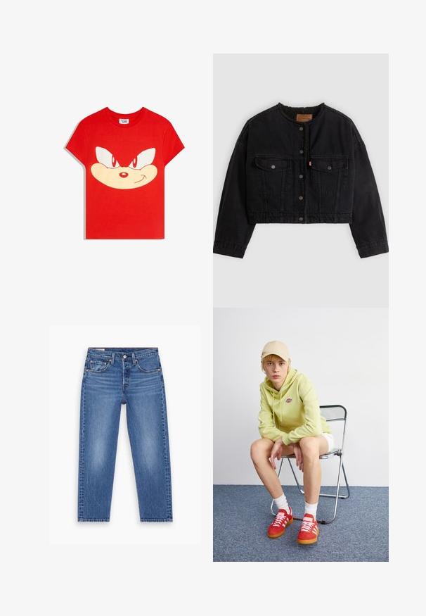 Veste courte en denim noir avec boutons pression à l'avant, deux poches poitrine et une doublure polaire douce visible au col et aux bords avant.; T-shirt rouge à manches courtes arborant un grand visage stylisé de Sonic le Hérisson avec des yeux déterminés et une bouche souriante sur le devant.; Jean droit taille haute bleu avec bouton avant, fermeture éclair et design à cinq poches, présenté à plat sur un fond blanc.; Un sweat à capuche vert clair avec logo, un short blanc, des baskets rouges avec rayures blanches, assis sur une chaise pliante en chrome contre un fond neutre.