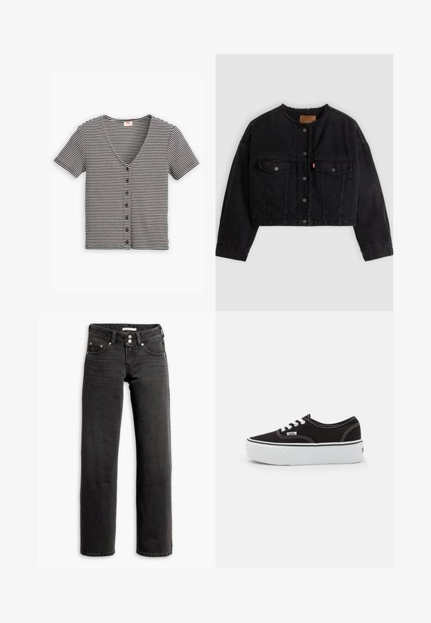 Veste courte en denim noir avec boutons pression à l'avant, deux poches poitrine et une doublure polaire douce visible au col et aux bords avant.; Haut à manches courtes à boutons, noir et blanc rayé, avec un décolleté en V et un tissu texturé. Présente plusieurs boutons sur le devant.; Jean noir à jambe droite avec poches avant et arrière, passants de ceinture et fermeture à double bouton à la taille.; Baskets en toile noires avec une semelle en caoutchouc blanc, dotées de lacets et de coutures blanches, marquage emblématique sur le côté, design basse.
