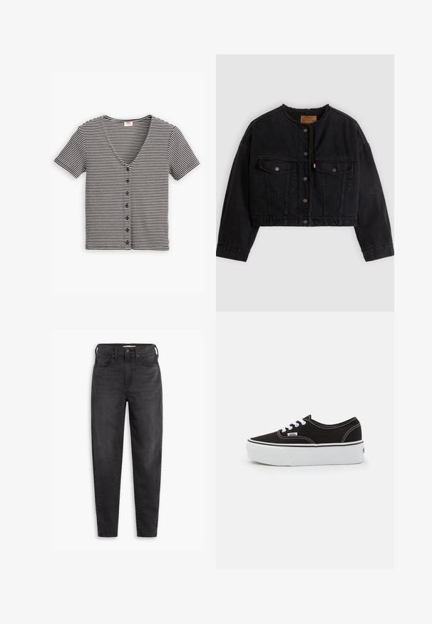 Veste courte en denim noir avec boutons pression à l'avant, deux poches poitrine et une doublure polaire douce visible au col et aux bords avant.; Haut à manches courtes à boutons, noir et blanc rayé, avec un décolleté en V et un tissu texturé. Présente plusieurs boutons sur le devant.; Jean slim taille haute noir avec poches avant et arrière, fermeture à bouton et passants de ceinture, présentés sur un fond blanc.; Baskets en toile noires avec une semelle en caoutchouc blanc, dotées de lacets et de coutures blanches, marquage emblématique sur le côté, design basse.