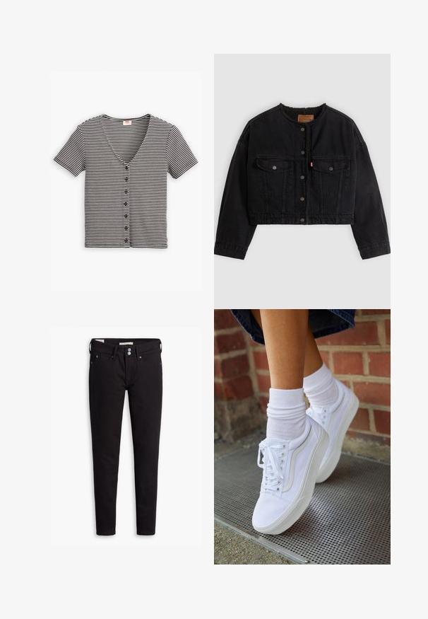 Veste courte en denim noir avec boutons pression à l'avant, deux poches poitrine et une doublure polaire douce visible au col et aux bords avant.; Haut à manches courtes à boutons, noir et blanc rayé, avec un décolleté en V et un tissu texturé. Présente plusieurs boutons sur le devant.; Jeans en denim noir avec une coupe slim, dotés d'une fermeture à boutons, de cinq poches et de détails de couture subtils. Texture lisse et matériau durable.; Baskets en toile blanches avec semelles en caoutchouc, dotées de six œillets, d'un bout rond et de détails de couture légers, portées avec des chaussettes blanches mi-mollet.