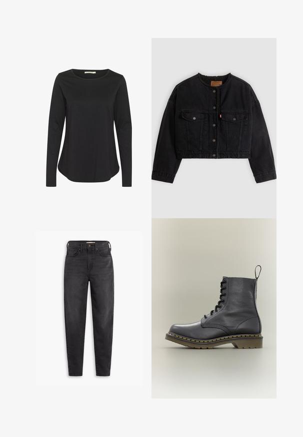Sort cropped denimjakke med frontknapper, to brystlommer og blødt fleecefor synligt ved kraven og forkanterne.; Sort langærmet skjorte med rund halsudskæring. Fremstillet af blødt, glat stof; har en afslappet pasform og buet kant.; Sorte højtaljede slim-fit jeans med for- og baglommer, knaplukning og bæltestropper, præsenteret på en hvid baggrund.; Sort læderkampstøvle med 8 snørehuller, gummisål, gul syning og en træksløjfe bagpå. Har en struktureret overdel.