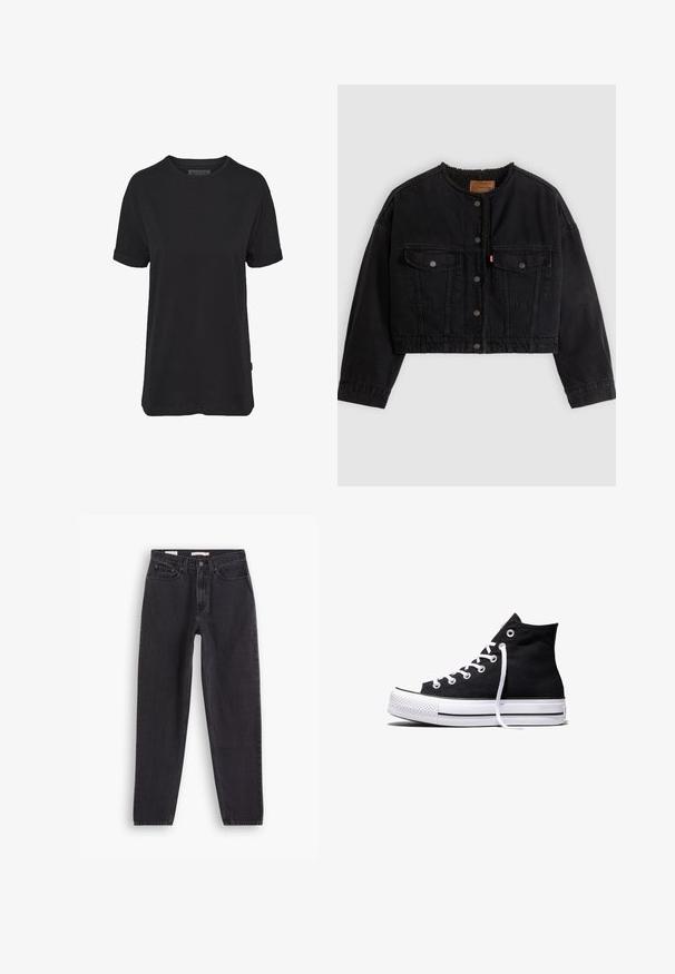 Veste courte en denim noir avec boutons pression à l'avant, deux poches poitrine et une doublure polaire douce visible au col et aux bords avant.; T-shirt en coton noir à manches courtes, col rond et manches retroussées ; présente une étiquette de marque subtile sur l'ourlet latéral.; Jean en denim noir avec une coupe droite, comportant cinq poches, une fermeture à bouton à l'avant et des détails brodés le long des coutures.; Baskets montantes en toile noire avec semelle en caoutchouc blanche et lacets blancs, vues de côté sur un fond blanc.