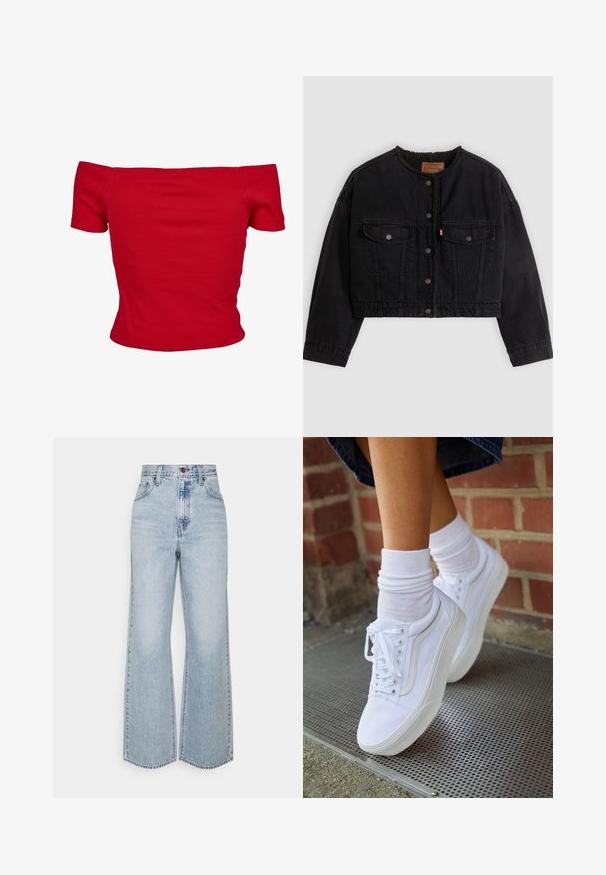 Veste courte en denim noir avec boutons pression à l'avant, deux poches poitrine et une doublure polaire douce visible au col et aux bords avant.; Haut rouge à épaules dénudées en tissu côtelé, avec des manches courtes et une coupe ajustée. Texture lisse, couleur unie sans motifs.; Jean large en denim bleu clair avec taille haute, design classique à cinq poches et couture contrastante. Détail de ourlet brut en bas.; Baskets en toile blanches avec semelles en caoutchouc, dotées de six œillets, d'un bout rond et de détails de couture légers, portées avec des chaussettes blanches mi-mollet.