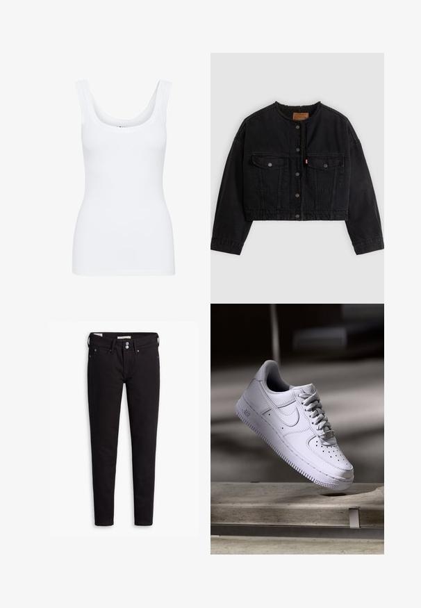Sort cropped denimjakke med frontknapper, to brystlommer og blødt fleecefor synligt ved kraven og forkanterne.; Hvid tanktop med rund udskæring, brede skulderstropper og tætsiddende design, lavet af et glat, strækbart stof.; Sorte denim jeans med slim fit, der har knaplukning, fem lommer og diskrete syninger. Glat tekstur og holdbart materiale.; Hvid Nike Air Force 1 sneaker svævende over en betonoverflade med skygger i et minimalistisk miljø.