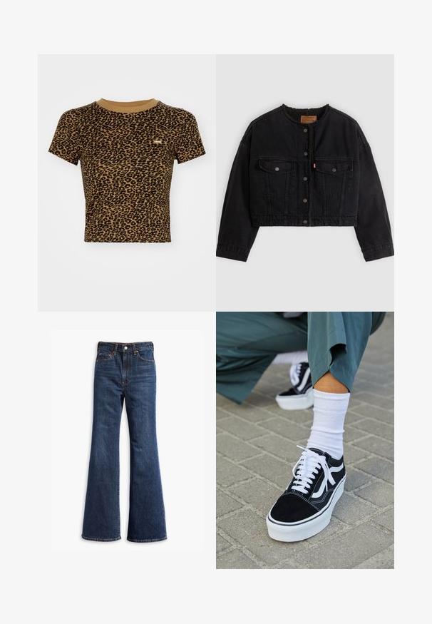 Schwarze kurze Jeansjacke mit vorderen Druckknöpfen, zwei Brusttaschen und weichem Fleecefutter, das am Kragen und an den vorderen Kanten sichtbar ist.; Levi's® ESSENTIAL SPORTY TEE - T-Shirt print - braun; Hochtaillierte dunkelblaue Jeans mit ausgestellten Beinen, Vorderknopf- und Reißverschluss sowie Fünf-Taschen-Design.; Schwarze Wildledersneaker mit weißen Akzenten und Schnürsenkeln, ausgestattet mit einer dicken weißen Sohle und kontrastierenden Nähten, kombiniert mit einer weißen Socke.