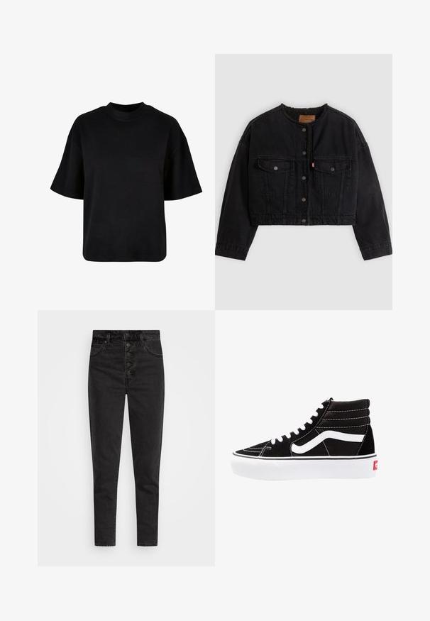 Sort cropped denimjakke med frontknapper, to brystlommer og blødt fleecefor synligt ved kraven og forkanterne.; Sort bomulds t-shirt med høj hals, korte ærmer og en løs, boxy pasform uden synlige mønstre eller accenter.; Højtaljede sorte denimjeans med knaplukning, fem lommer og slim fit. Glat tekstur med minimal falmet og uden udsmykninger.; Sorte høj-top sneakers med hvide snørebånd, et hvidt logo og kontrasterende hvid syning. Har en tyk hvid sål og struktureret ruskindsoverdel.