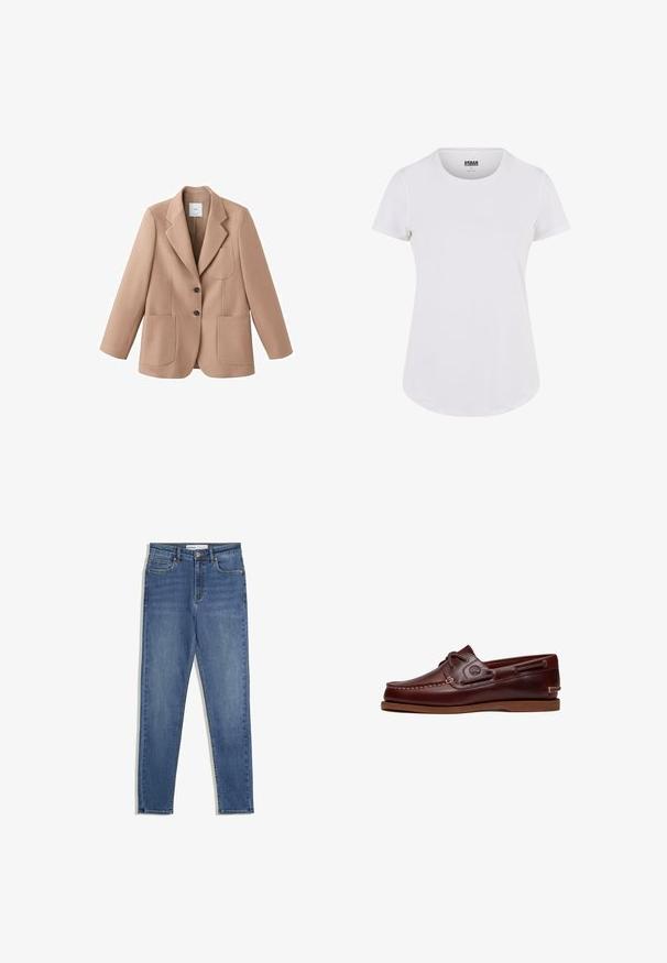 Beiger Blazer aus strukturiertem Stoff, mit Reverskragen, zwei Fronttaschen und zwei Knöpfen. Taillierte Passform mit langen Ärmeln.; Weißes T-Shirt mit kurzen Ärmeln und rundem Ausschnitt, aus weichem Stoff gefertigt. Verfügt über einen leicht abgerundeten Saum und ein minimalistisches Design.; Blaue Denim-Jeans mit hoher Taille, slim Fit, Fronttaschen, Reißverschluss und kontrastierenden Nähten. Strukturierte Gestaltung mit glatter Textur.; Brauner Leder-Bootsschuh mit Schnürsenkeln, Nahtdetails und Timberland-Logo an der Seite, auf weißem Hintergrund gezeigt.