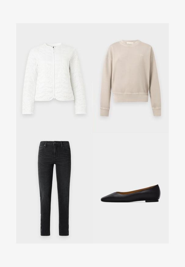 Hvid quiltet jakke med lange ærmer, rund hals og lynlåslukning foran, vist på en ensfarvet lys baggrund.; Beige crewneck sweatshirt med lange ærmer, ribkant ved manchetter og bund, lille hvidt logo på venstre bryst, ensfarvet design.; Sorte slim-fit jeans med frontknap, bæltestropper og subtile falmede detaljer langs siderne og forsiden af lårene.; Sort læder flad sko med spids tå, lav hæl og glat finish, vist fra siden på en lysegrå baggrund.