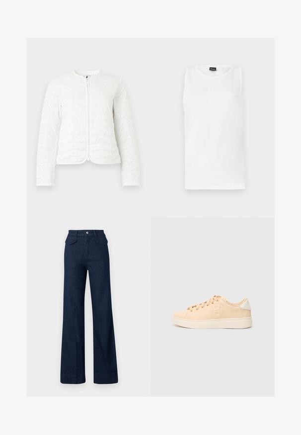 Veste matelassée blanche à manches longues, col rond, et fermeture éclair à l'avant, présentée sur un fond clair uni.; Débardeur blanc sans manches avec encolure ronde et petit logo embossé centré sous l'encolure.; Jean en denim à jambes larges de couleur bleu foncé avec une taille haute, fermeture à boutons devant et deux poches arrière. Texture lisse et coupe ajustée.; Baskets beige avec une texture lisse et mate, bout arrondi et fermeture à lacets sur le devant. Présente un talon blanc contrastant et un marquage discret sur le côté.