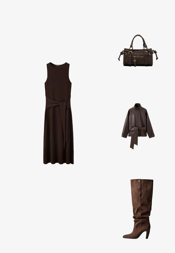 Veste en cuir marron foncé avec col montant, manches longues, poignets boutonnés et large ceinture nouée à la taille.; Robe midi marron foncé sans manches avec encolure ronde et ceinture en tissu attachée à la taille, présentée sur fond blanc.; Bottine en suede marron, montant jusqu'au genou, avec un bout pointu et un talon fin. Présente deux boutons-pression argentés et un design de haut froncé.; Sac à main en cuir marron foncé avec double poignée, poche avant zippée, boucles décoratives et nœuds latéraux sur fond blanc.