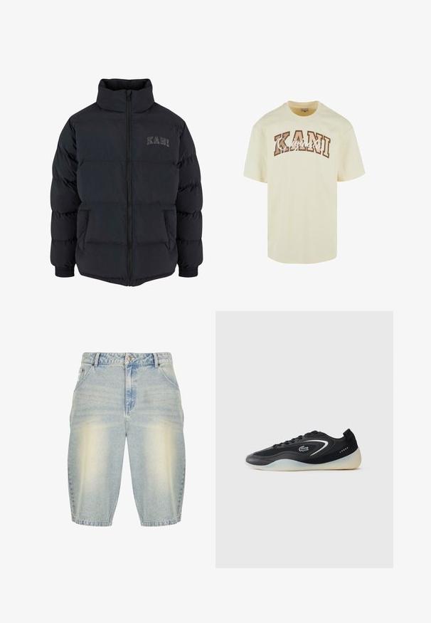 Must must jacket kõrge kaelusega, lukuga ees ja elastsete mansettidega. Omab vatitud disaini ja halli "KANI" logo rinnal.; Kreemi värvi t-särk ümmarguse kaelusega, lühikeste varrukatega ja julge pruunide tähtedega, kus on kirjutatud "KANI" ning valge kaligraafia all "Originato".; Heledad sinine denim lühikesed püksid pleekinud pesuga, klassikalise viie taskuga disain, vööaasad ja sirge lõige.; Must mustusjalats, millel on voolujooneline disain, mis sisaldab võrkmaterjale ja sünteetilisi materjale, tekstuuriga tallad ning silmapaistev logo külgedel.