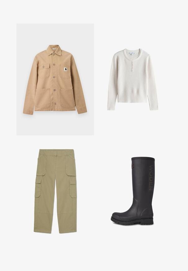 Beige skjortejakke med fire lommer foran, hvoraf den ene lomme har et sort-hvidt Carhartt logo-patch.; Langærmet cremefarvet ribstrikket sweater med rund hals og fem små knapper på frontstolpen.; Khakifarvede cargobukser med flere klaplommer foran og på siderne, lige ben og bæltestropper i taljen.; Høj sort gummistøvle med struktureret overflade, WODEN-logo på siden, og en forstærket sål med spraglete accenter.