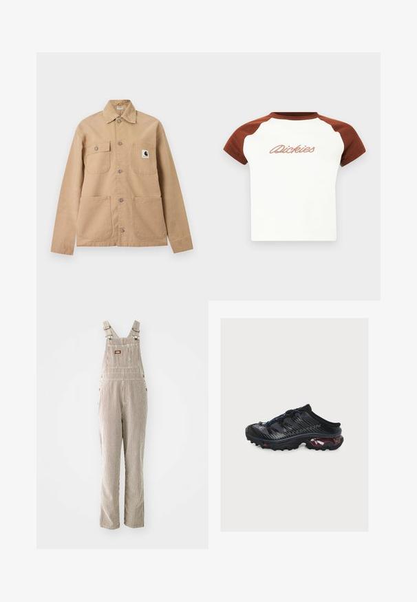 Beigen sävyinen nappikiinnitteinen takki, jossa on neljä etutaskua. Yhdessä taskussa on mustavalkoinen Carhartt-logo.; T-paita lyhyillä hihoilla, jossa on valkoinen vartalo ja ruskeat raglan-hiat. Etupuolella on tyylitelty "Dickies" -kirjonta rinnassa. Sileä pinta.; Raidalliset haalarit, jotka on valmistettu kudotusta kankaasta vaaleanbeigeinä ja ruskeina, joissa on säädettävät hihnat, etutasku ja sivuknappikiinnitykset.; Musta ja tummansininen slip-on ulkokäyttöön tarkoitettu kenkä, jossa on kestävä pohja, joustavat nauhat ja "ALLGÄU"-brändäys sivulla.