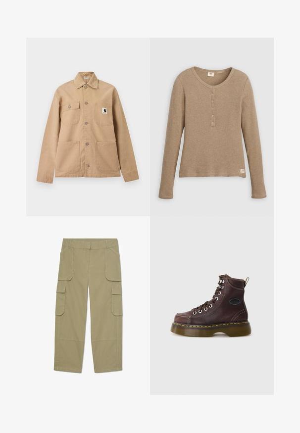 Beige skjortejakke med fire lommer foran, hvoraf den ene lomme har et sort-hvidt Carhartt logo-patch.; Beige henley-shirt i vaffelstrik med lange ærmer, rund halsudskæring og fem-knaps lukning, vist fladt mod hvid baggrund.; Khakifarvede cargobukser med flere klaplommer foran og på siderne, lige ben og bæltestropper i taljen.; Brun læder ankelstøvle med tekstureret overflade, sølv øjer og gul syning. Har en kraftig gennemsigtig sål og en trækstrop.