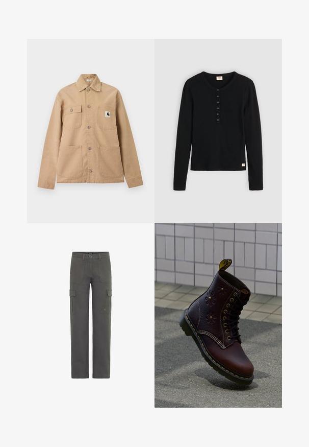 Beige overhemdjack met vier zakken aan de voorkant, waarvan één zak een zwart-witte Carhartt-logo patch heeft.; Zwarte langekatoenen top van ribstof, met een ronde halslijn en vijf knopen aan de voorkant. Klein merkenlabel aan de zoom.; Cargo broek in donkergrijs katoen met een rechte snit. Bevat twee zijzakken en een knoopsluiting. Duurzame stof met een lichte textuur.; Donkere bruine leren laars met bloemmotief en gele stiksels, rechtop geplaatst op een textuurrijke bestrating met een wand van tegels op de achtergrond.