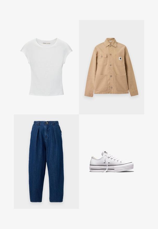 Veste beige à boutons avec quatre poches avant, dont une ornée d'un patch logo Carhartt noir et blanc.; T-shirt en coton blanc avec manches courtes retroussées, encolure ronde et ourlet droit. Texture lisse sans motifs ni accents visibles.; Pantalons en denim bleu foncé avec une coupe décontractée, présentant des plis à l'avant, une fermeture à bouton et des jambes fuselées.; Baskets basses en toile blanche avec lacets blancs, semelle en caoutchouc, détails à rayures noires, et écusson logo sur la languette et le talon.