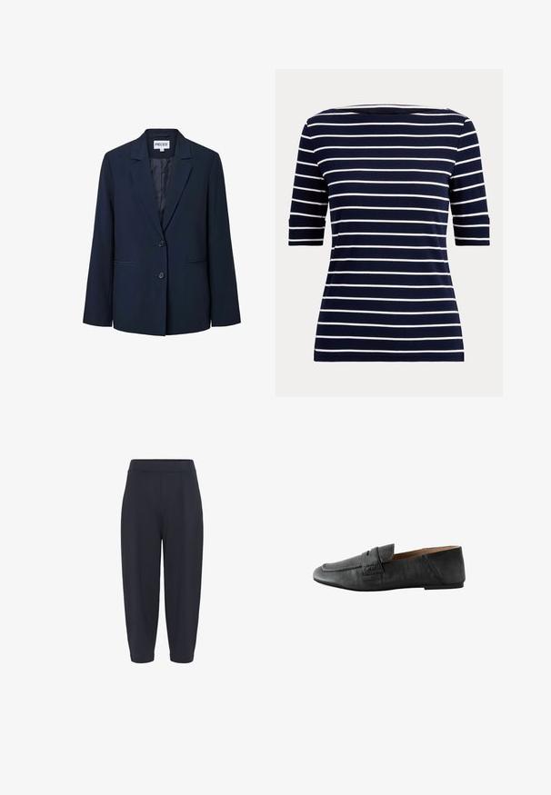 Mørk marineblå damesblazer med to forreste knapper, notched revers og to vandrette slidser lommer.; Marineblå skjorte med hvide vandrette striber og albuelange ærmer, vist på en ensfarvet lys baggrund.; Marineblå slanke bukser med elastisk talje, der har midterfold, en glat overflade og en ankellang længde.; Sort læder flade loafers med penny strap og spids tå, vist i sideprofil på hvid baggrund.