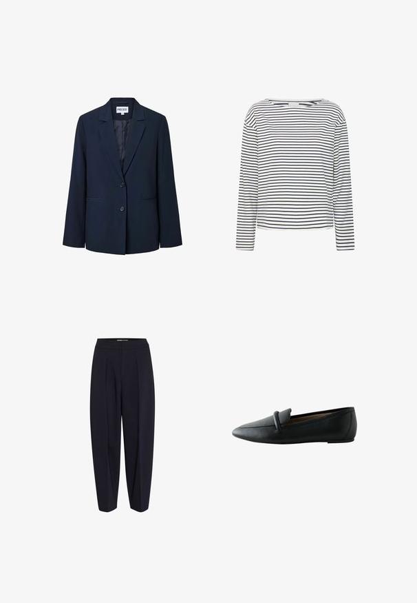 Donker marineblauwe damesblazer met twee voorste knopen, een notch-reverskraag en twee horizontale steekzakken.; Langsleeve top met een bootnek, gemaakt van zachte stof met marineblauwe en witte horizontale strepen. Rechte snit en minimale details.; Marineblauwe broek met een hoge taille, voorzien van voorplooien en een tapse pasvorm. Gemaakt van een soepele stof zonder zichtbare hardware of patronen.; Zwarte leren platte loafer met een afgeronde neus en een riemdetail over de wreef, zijaanzicht.