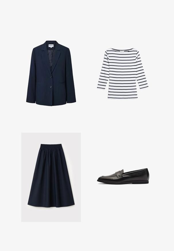 Blazer de mujer azul marino oscuro con dos botones delanteros, solapa con muesca y dos bolsillos horizontales con abertura.; Marks & Spencer STRIPED SLASH NECK - Camiseta de manga larga - white mix; Falda azul marino de tela suave, con cintura elástica, diseño acampanado y corte a la altura de la rodilla. Sin patrones ni adornos visibles.; Mocasín de cuero negro con un acabado suave, puntera redonda y acentos de costura doble en la parte superior. Suela de goma plana para mayor comodidad.