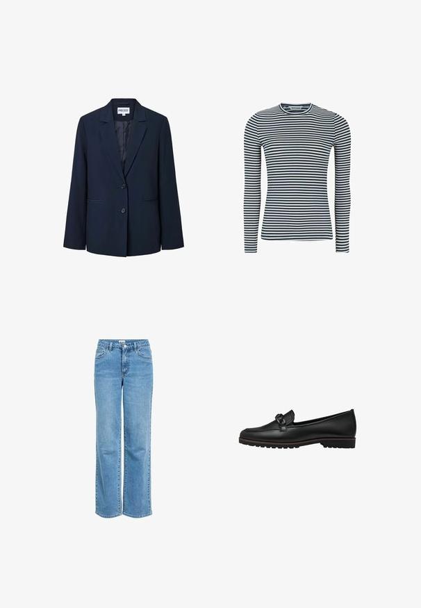 Mørk marineblå damesblazer med to forreste knapper, notched revers og to vandrette slidser lommer.; Langærmet top i marineblå og hvide striber, lavet af ribbet stof med rund halsudskæring. Tætsiddende design med kontinuerlige striber.; Lyseblå vidbenede jeans i denim med høj talje, forlommer og lukning med knap. Klassisk design med fem lommer.; Sorte læder loafers med en fletdetalje foran, flad gummisål og syede detaljer langs kanten.