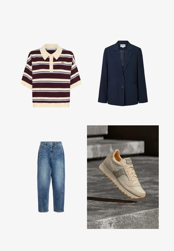 Donker marineblauwe damesblazer met twee voorste knopen, een notch-reverskraag en twee horizontale steekzakken.; Korte mouwen polo shirt in kastanjebruin en crèmekleurige strepen met lichtblauwe accenten, met een kraag en knoopsluiting. Zacht gebreide stof.; Blauwe high-waist rechte spijkerbroek met voorzakken, knoopsluiting en zichtbare stiksel details op een witte achtergrond.; Beige en crèmekleurige Saucony Jazz sneaker met een gestructureerde zool, zwevend boven grijze betonnen trappen in natuurlijk licht.