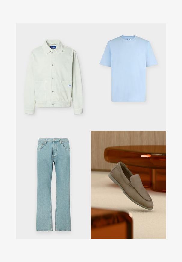 Hellgrüne Denimjacke mit Kragen, vorderer Knopfleiste, zwei Brusttaschen und einem kleinen Markenetikett an der rechten Tasche.; Hellblaues T-Shirt mit kurzen Ärmeln und Rundhalsausschnitt mit kleinem weißen Logo auf der linken Brust, dargestellt vor weißem Hintergrund.; Hellblaue Jeans aus Denim mit geradem Schnitt, ausgestattet mit fünf Taschen und einem Knopfverschluss. Sichtbare Nähte und fransiger Saum.; Beiger Wildleder-Slipper mit sichtbarer Naht und heller Sohle, auf einem cremefarbenen Teppich platziert, mit orange-transparenten Möbeln im Hintergrund.