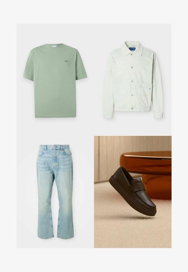 Hellgrüne Denimjacke mit Kragen, vorderer Knopfleiste, zwei Brusttaschen und einem kleinen Markenetikett an der rechten Tasche.; Hellgrünes T-Shirt mit kurzen Ärmeln aus Baumwolle, mit einem kleinen gestickten Logo auf der Brust und einem Rundhalsausschnitt.; Hellblaue, ausgestellte Jean mit hoher Taille, ausgestattet mit fünf Taschen, Gürtelschlaufen und einem ausgewaschenen Denim-Look.; Ein einzelner dunkelbrauner Ledermokassin, der über einem cremefarbenen Teppich mit rundem orangefarbenem Tisch im Hintergrund schwebt.