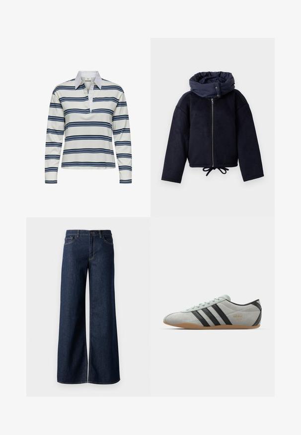 Marineblaue Zip-Jacke mit hochstehendem, gepufftem Kragen, die Druckknöpfe und einen verstellbaren Kordelzug am Saum aufweist, vor weißem Hintergrund.; Langarm-Poloshirt mit weißem Grund und horizontalen Streifen in Marineblau und Hellblau. Auffälliger weißer Kragen und weiche Baumwolltextur.; Weite Jeans in dunkelblauem Denim. Merkmale sind kontrastierende Nähte, fünf Taschen und ein Knopfverschluss an der Taille. Glatte Textur.; adidas Originals TOKYO - Sneaker low - silver/core black