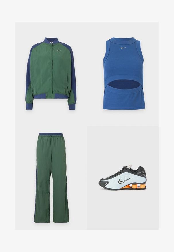 Roheline ja tumesinine tuulekindel jope kraega kaeluse, kinnitusega trukkide ja valge Nike logo rinnal. Kerge ja sileda tekstuuriga.; Sinine varrukateta Nike lühike top kõrge kaelusega ja kõhu lõikega, soonikkoega, valge Swooshi logoga ees keskel.; Rohelised spordipüksid laia sääre disainiga, millel on tumesinine vöökoht ja külgpaneel, valmistatud kergest, tekstuuriga kangast.; Must must ja heledast sinisest sportlikust jalatsist, millel on ümar varvas, võrgust ja sünteetilisest materjalist ülemine osa ning oranž kandmistoetuse element lööke neelavas disainis.