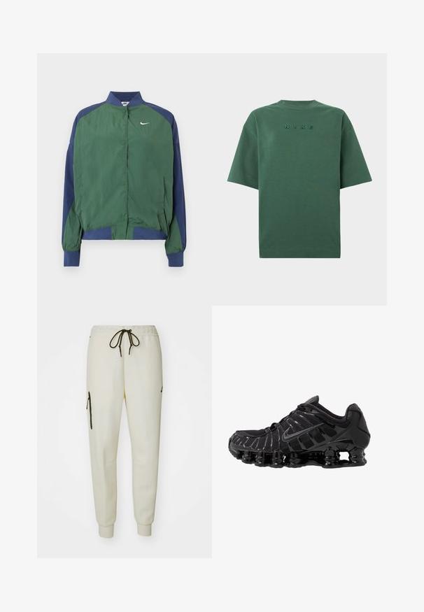 Grüne und marineblaue Windjacke mit Kragen, Druckknopfverschluss und weißem Nike-Swoosh-Logo auf der Brust. Leicht und mit glatter Textur.; Dunkelgrünes T-Shirt mit kurzen Ärmeln und Rundhalsausschnitt, mit besticktem "NIKE"-Logo, das mittig auf der Brust platziert ist.; Helle Jogginghose in Cremefarbe mit elastischem Bund, verstellbarem Kordelzug, seitlichen Taschen und einer Reißverschlusstasche am linken Oberschenkel.; Schwarzer Sportschuh mit Mesh-Obermaterial und glänzenden Überzügen. Verfügt über eine geschwungene Spiraldämpfung und strukturierte Linien an der Seite. Nike-Logo sichtbar.