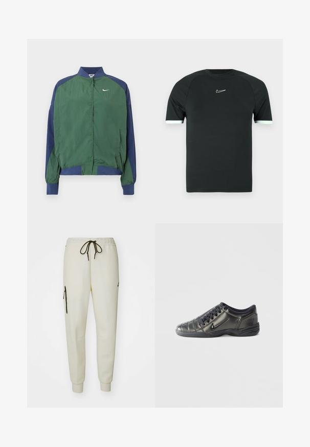 Grøn og marineblå vindtæt jakke med krave, trykknapslukning og hvid Nike swoosh-logo på brystet. Letvægt og glat tekstur.; Sort atletisk t-shirt lavet af et glat stof. Har korte ærmer med hvid kant og et lille hvidt logo på brystet.; Cremefarvede joggerbukser med elastisk talje, justerbar snor, sidelommer og en lynlåslomme på venstre lår.; Sort lavtop Nike-sneaker med snørebånd, syet detaljering og en tekstureret sål imod en simpel hvid baggrund.
