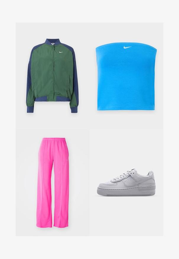 Roheline ja tumesinine tuulekindel jope kraega kaeluse, kinnitusega trukkide ja valge Nike logo rinnal. Kerge ja sileda tekstuuriga.; Erksinise sinine Nike õlavaba tuubitops valge Swooshi logoga, mis asub tsentraalselt peaaegu ülemise ääre juures.; Roosa, vabalt istuvad, kerge kangaga dressipüksid elastse vöökohaga ja külgõmblustega. Ees on väike logo vasaku reie ülaservas.; Hallitus hallid Nike Air Force 1 sneakerid, millel on augustatud varvas, siledast nahast ülemine osa, paks tall ning reljeefne 'AIR' detail kontsapadjal.